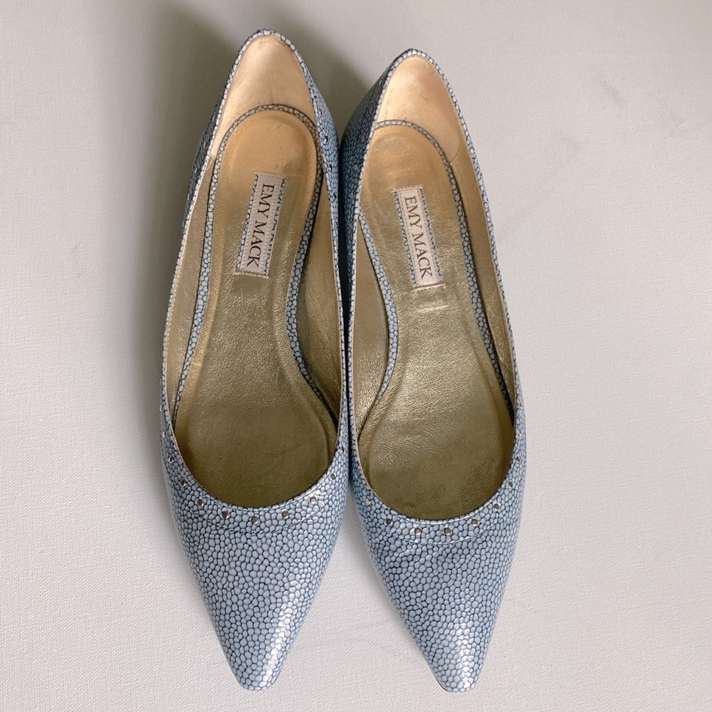 Emy Mack Women's Blue leather flats . Beaded silver tone dots . Marble . Sz 8.5